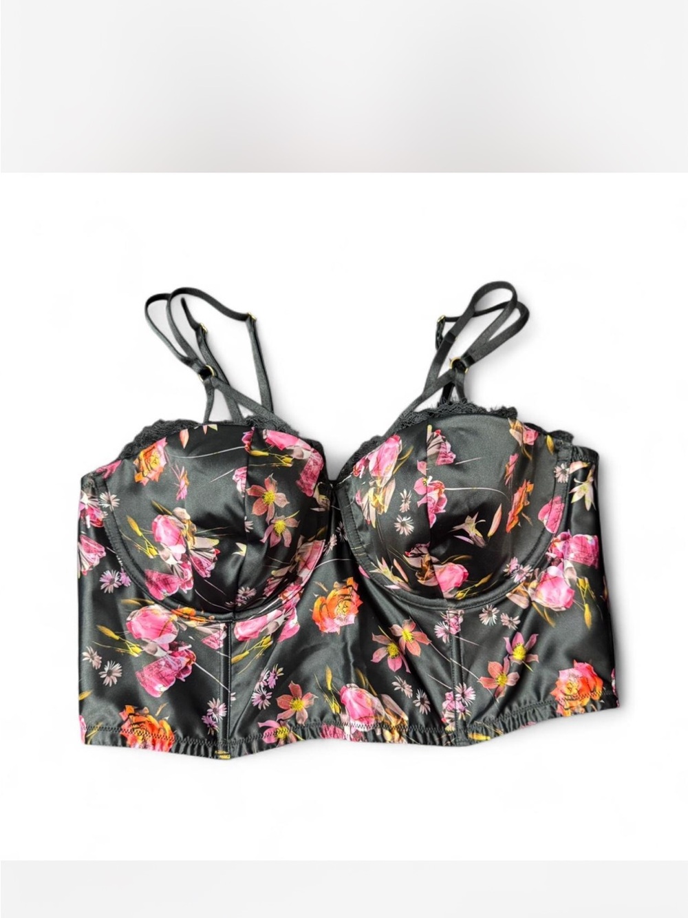 Victoria's Secret Black Bustier Top with Pink & Orange Floral Accents